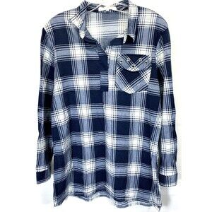 Eden Olivia Women Shirt M Blue Plaid Rivet Pockets Stretch 9" Side Vents 40x23
